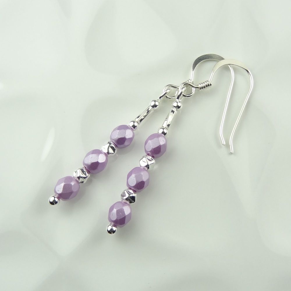 4mm (+/-) Alabaster pastel light rose pale purple fire polished Czech glass & sterling silver drop/dangle earrings in a gift box (hammered)