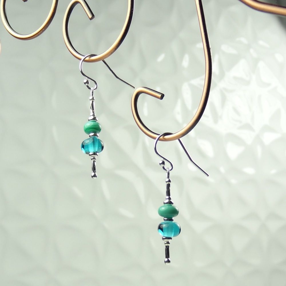 Turquoise glossy handcrafted artisan lampwork glass drop sterling silver earrings on french wires with twists  (#205)
