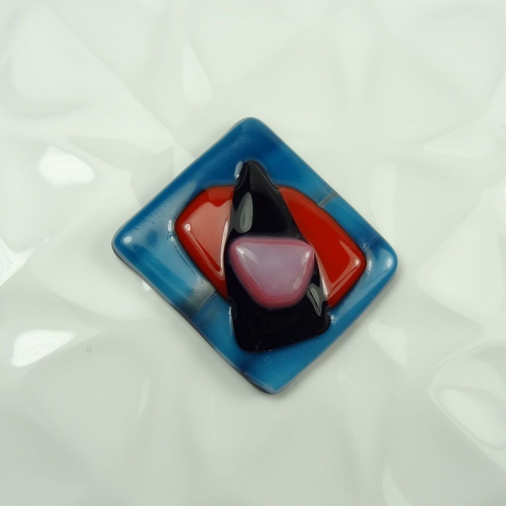 *Handcrafted unique abstract stacked/textured fused glass fridge magnet small 1.5 inch square (+/-) multi-coloured blue red black pink (#310)