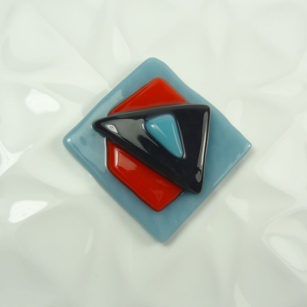 *Handcrafted unique abstract stacked/textured fused glass fridge magnet - small 1.5 inch square (+/-) - multi-coloured blue red black (#336)