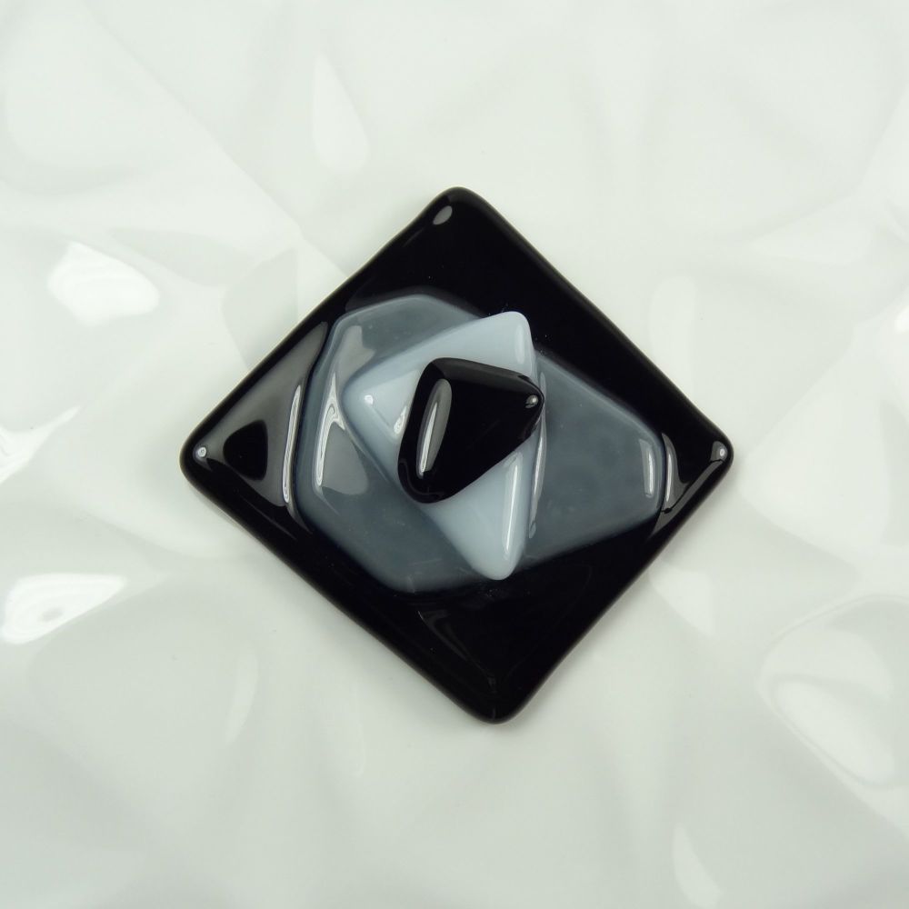 *Handcrafted unique abstract stacked/textured fused glass fridge magnet - small 1.5 inch square (+/-) - monochrome black grey white (#116)