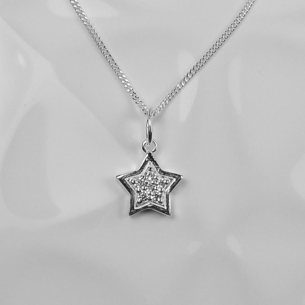 9mm sterling silver star with tiny Cubic Zirconia stones necklace, on a 16" or 18" fine chain, in a gift box, silver polishing cloth