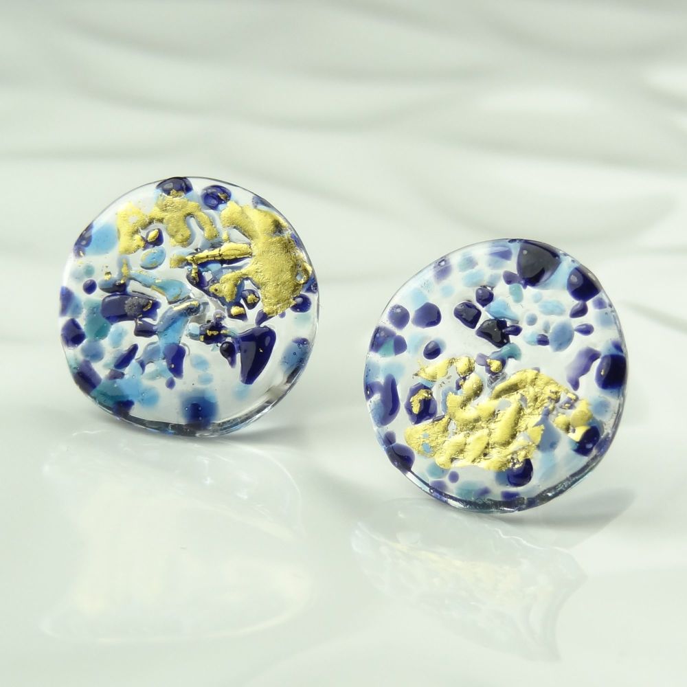 Handcrafted blue speckled with gold leaf fused glass disc/coin stud earring