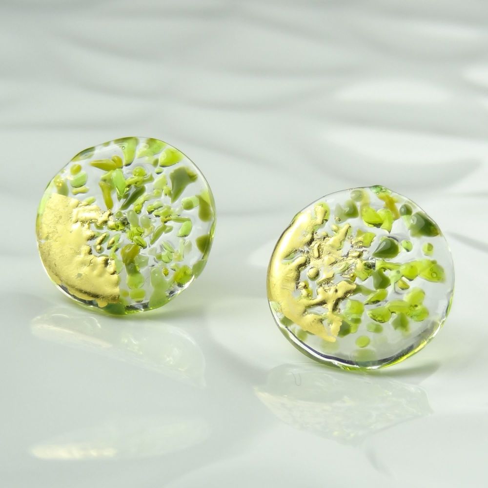 Handcrafted green speckled with gold leaf fused glass disc/coin stud earrin