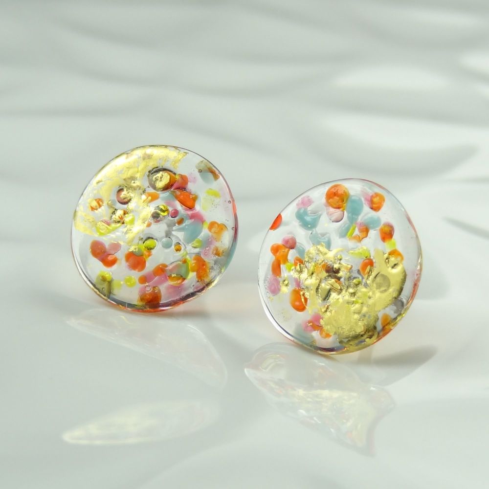 Handcrafted multi-coloured speckled with gold leaf fused glass disc/coin stud earrings with surgical steel posts/backs, in a gift box (HC3)