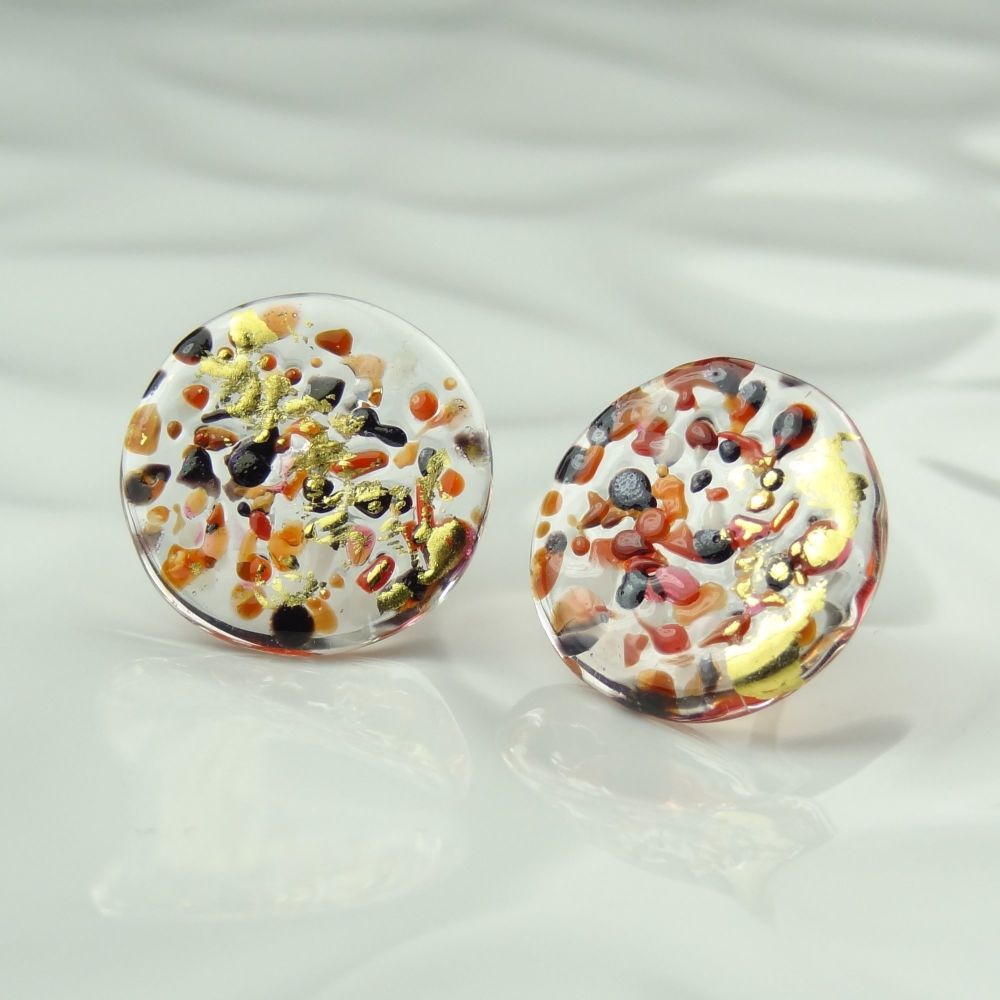 Handcrafted multi-coloured speckled with gold leaf fused glass disc/coin stud earrings with surgical steel posts/backs, in a gift box (HC11)