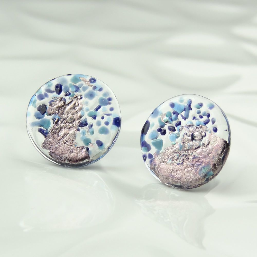 Handcrafted blue speckled with palladium fused glass disc/coin stud earring