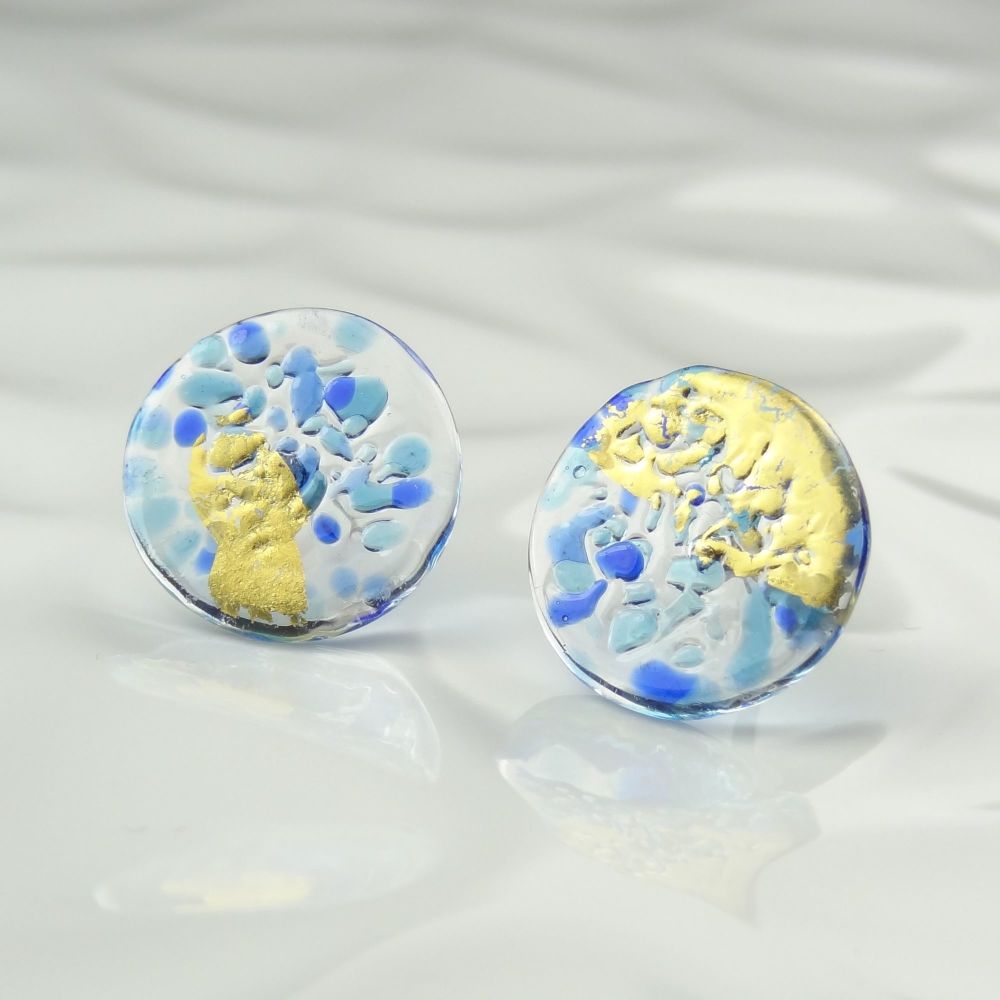 Handcrafted blue speckled with gold leaf fused glass disc/coin stud earrings with surgical steel posts/backs, in a gift box (HC13)