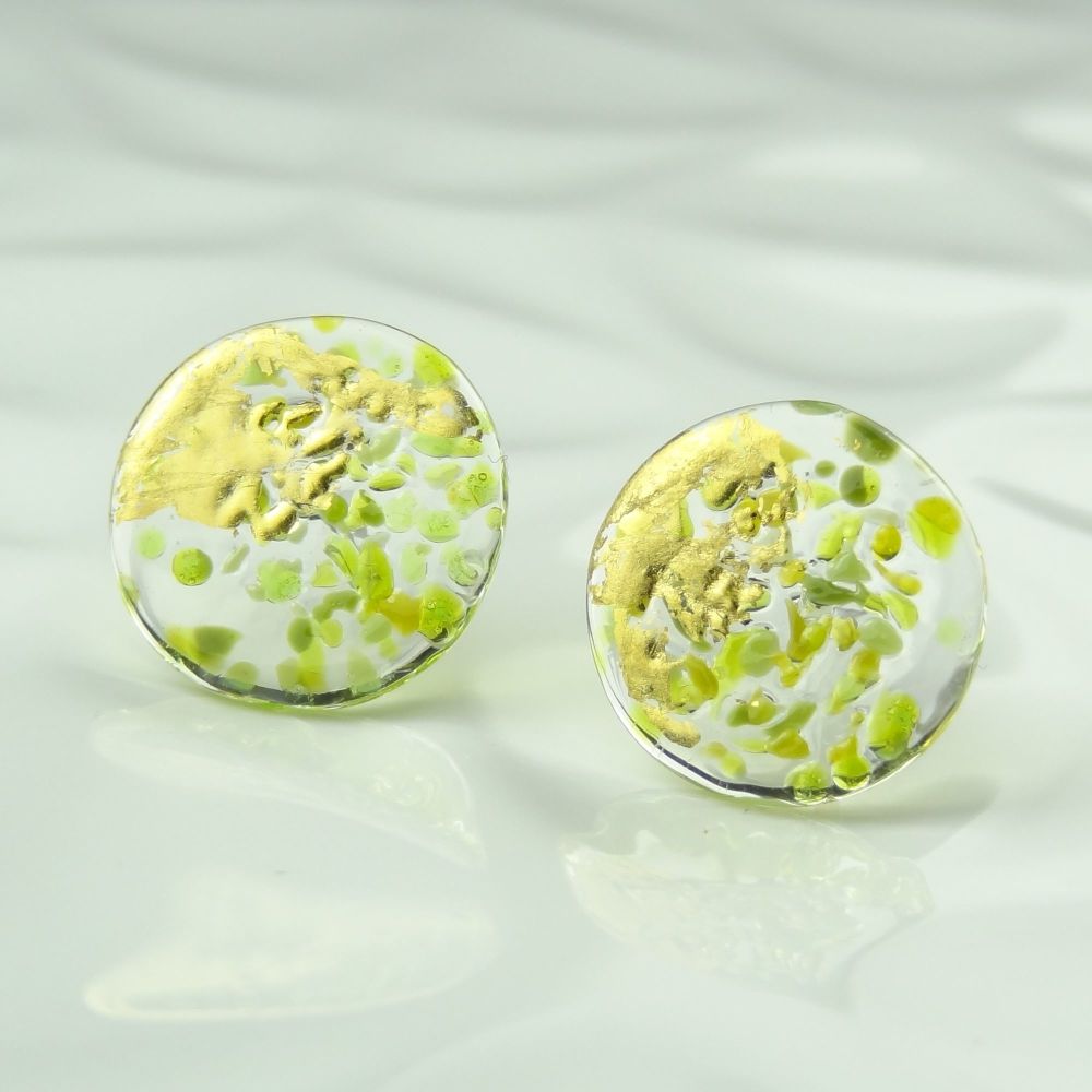 Handcrafted light green speckled with gold leaf fused glass disc/coin stud earrings with surgical steel posts/backs, in a gift box (HC37)