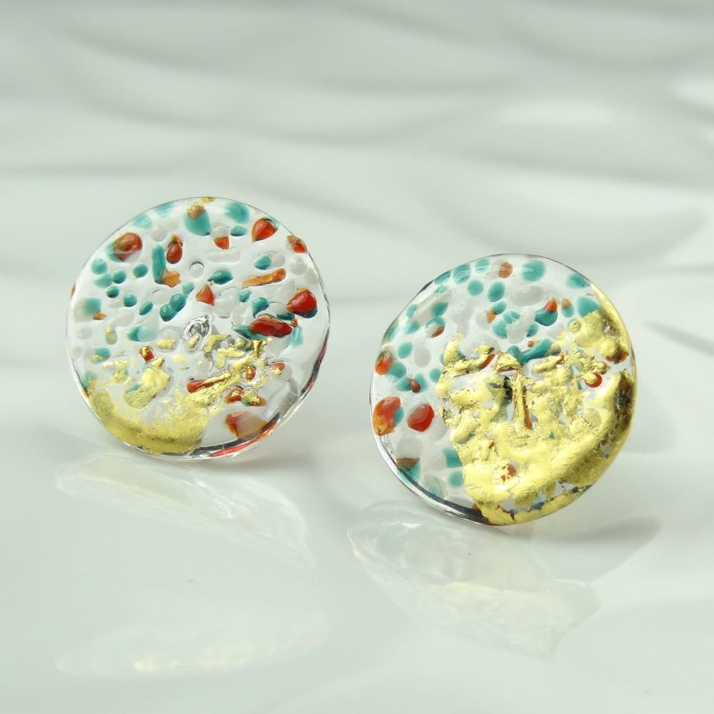 Handcrafted multi-coloured speckled with gold leaf fused glass earrings