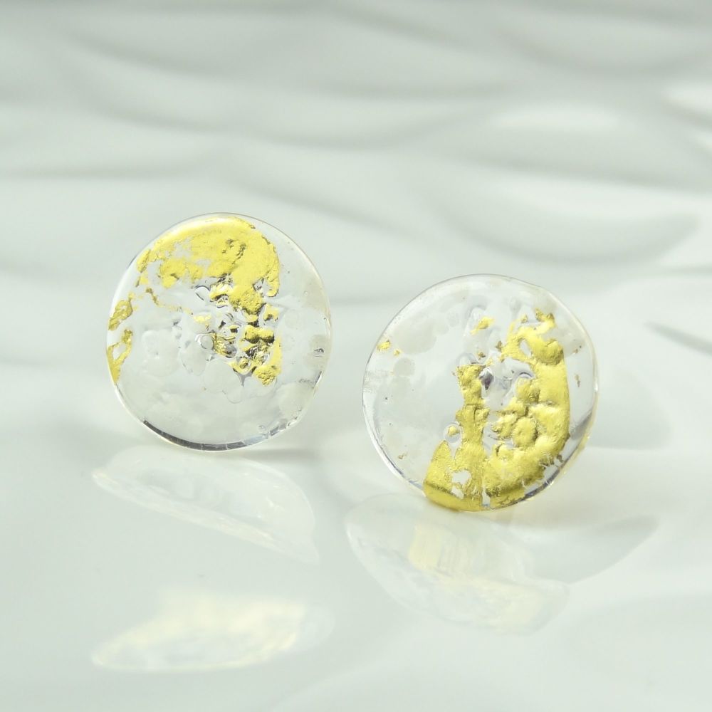 Handcrafted white speckled with gold leaf fused glass disc/coin stud earrings with surgical steel posts/backs, in a gift box (HC32)