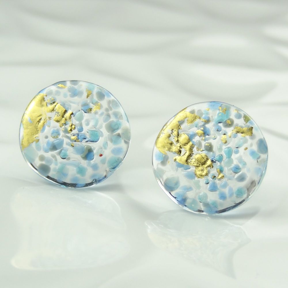 Handcrafted blue speckled with gold leaf fused glass disc/coin earrings