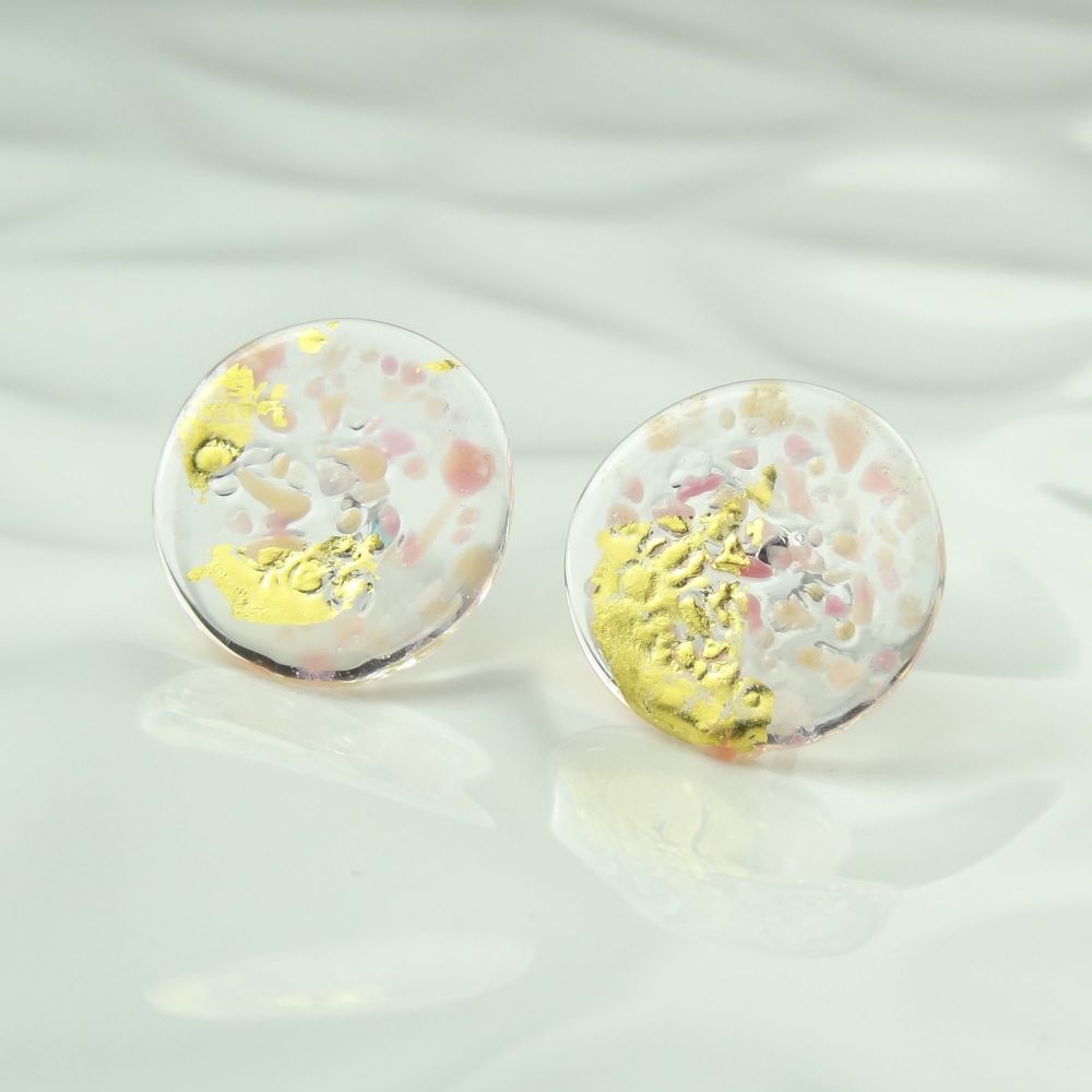 Handcrafted pink speckled with gold leaf fused glass disc/coin stud earrings with surgical steel posts/backs, in a gift box (HC33)