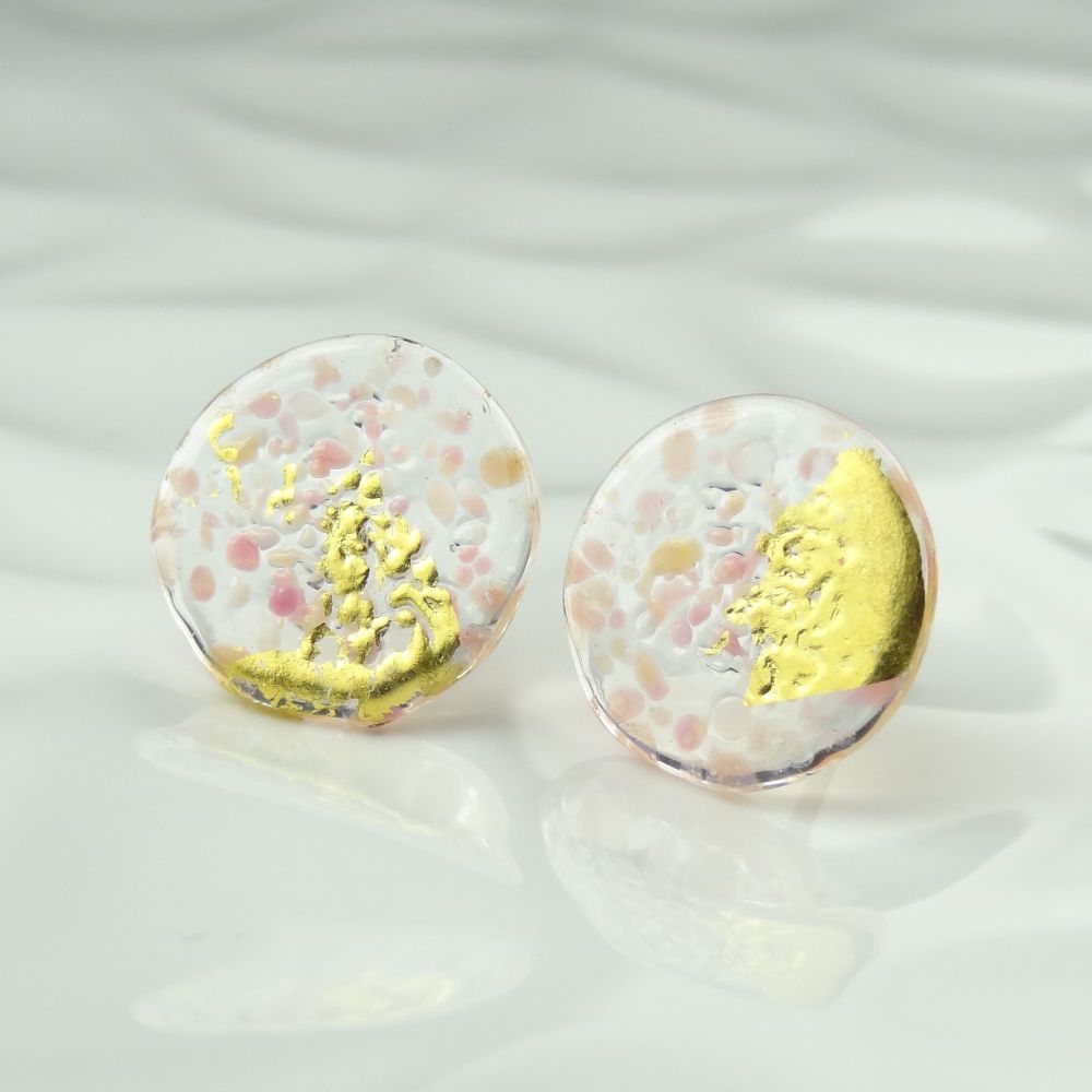 Handcrafted pink speckled with gold leaf fused glass earrings