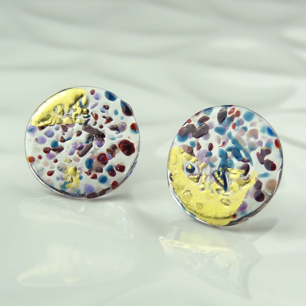 Handcrafted purple & blue speckled with gold leaf fused glass earrings