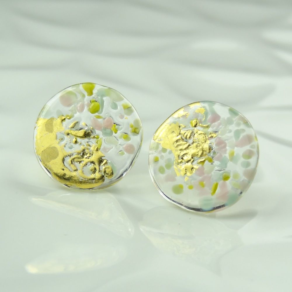 Handcrafted multi-coloured speckled with gold leaf fused glass disc/coin stud earrings with surgical steel posts/backs, in a gift box (HC38)