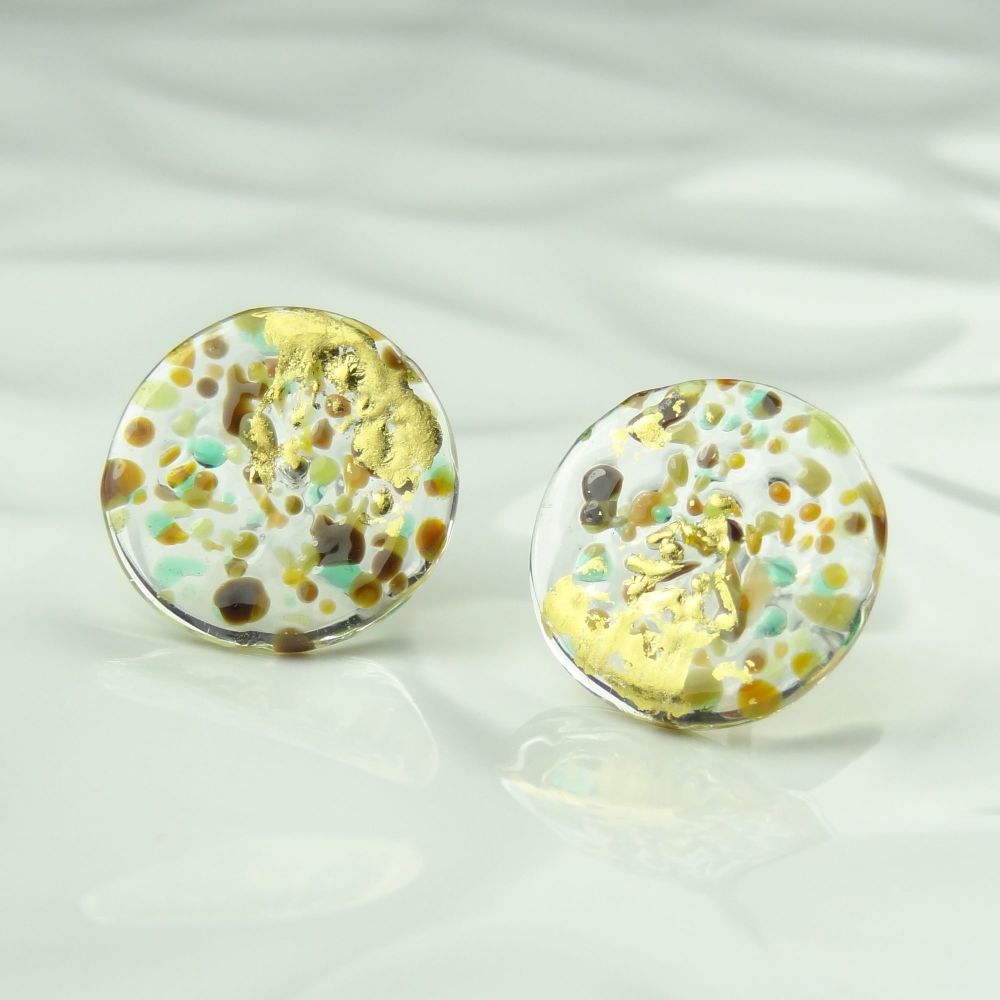 Handcrafted brown & green speckled with gold leaf fused glass earrings