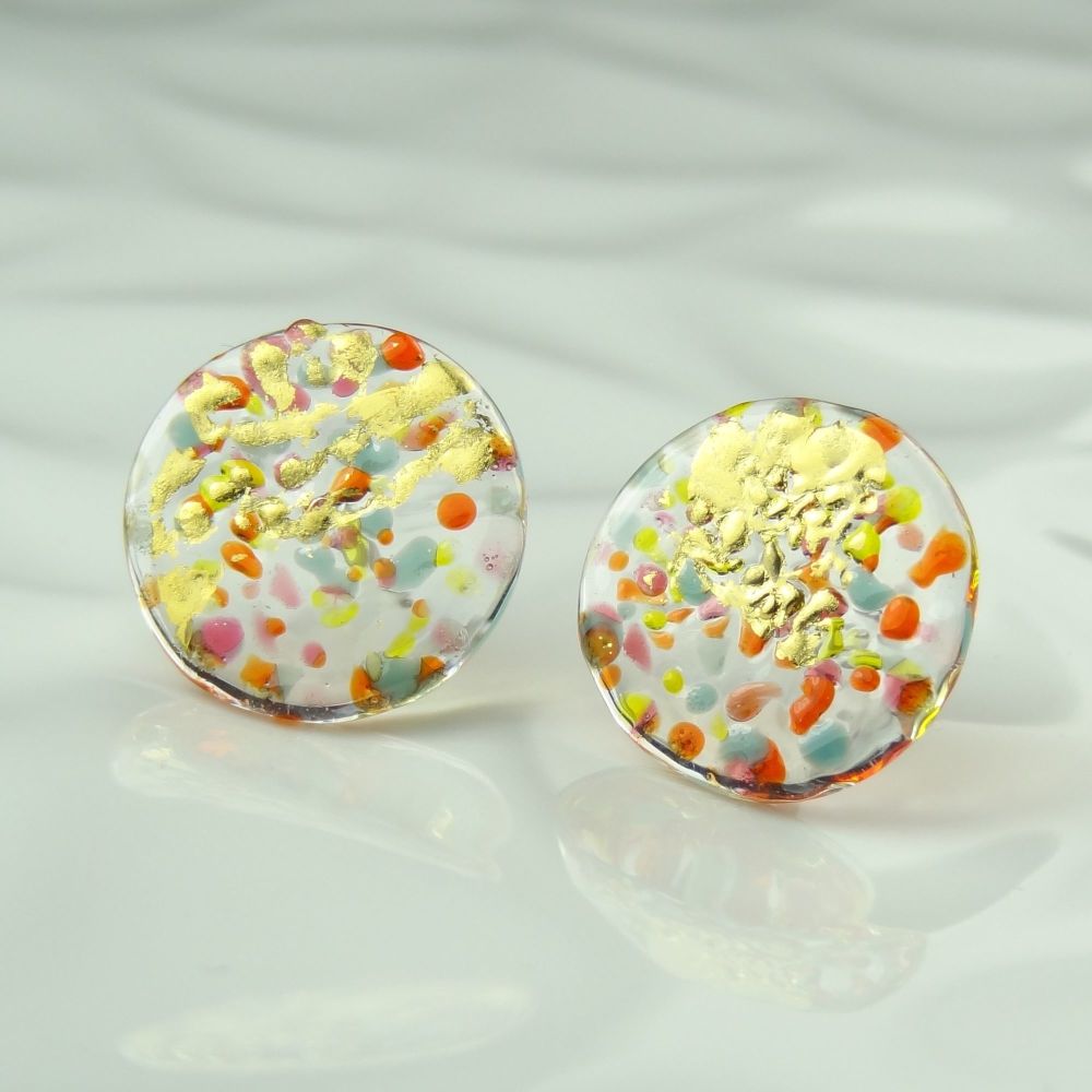 Handcrafted multi-coloured speckled with gold leaf fused earrings