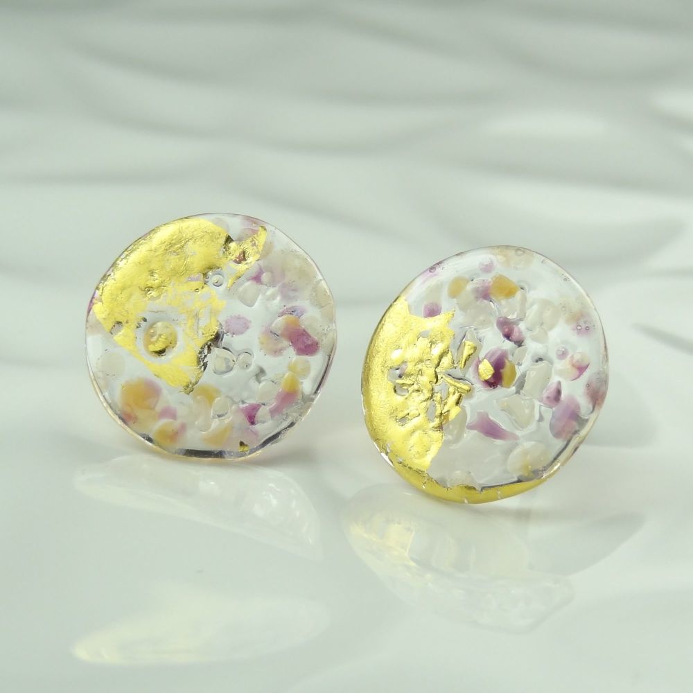 Handcrafted pink speckled with gold leaf fused glass earrings