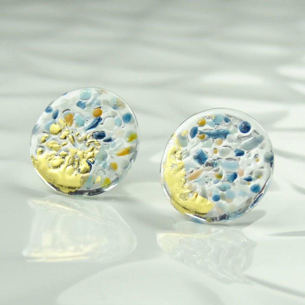 Handcrafted blue speckled with gold leaf fused glass disc/coin stud earrings with surgical steel posts/backs, in a gift box (HC1)