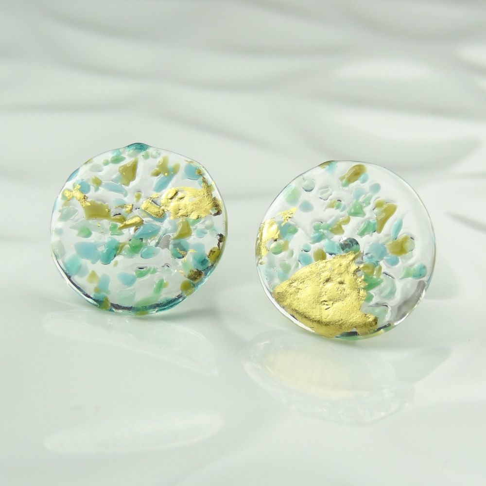 Handcrafted turquoise speckled with gold leaf fused glass coin stud earring