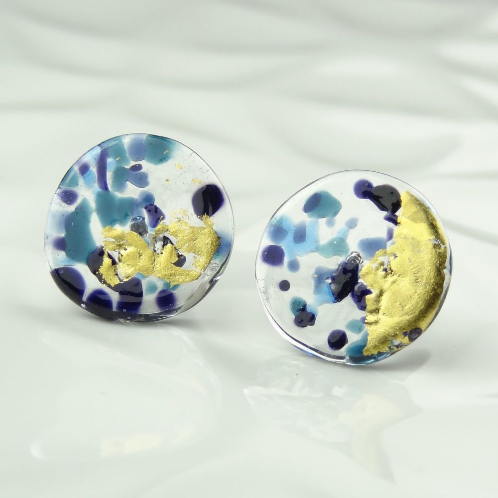 Handcrafted blue speckled with gold leaf fused glass coin stud earrings