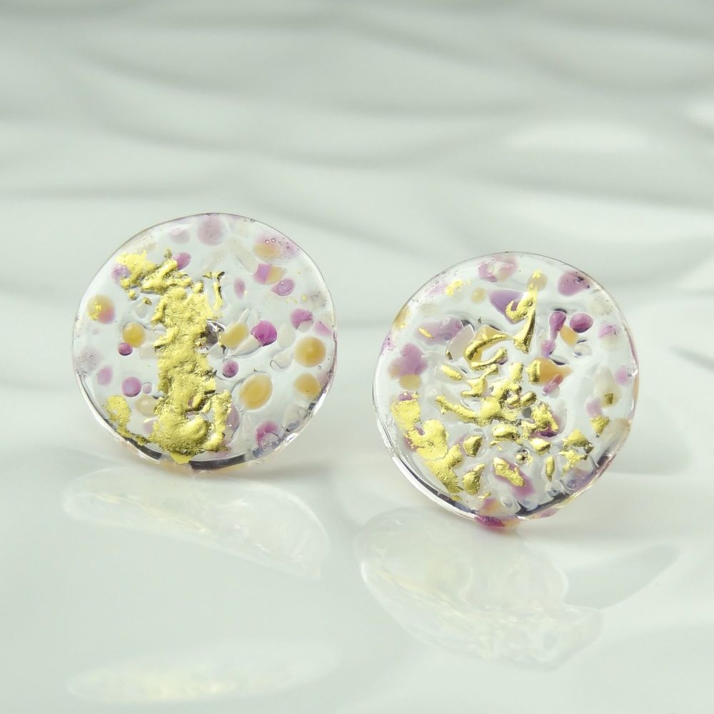 Handcrafted pink speckled with gold leaf fused glass disc/coin stud earrings with surgical steel posts/backs, in a gift box (HC30)