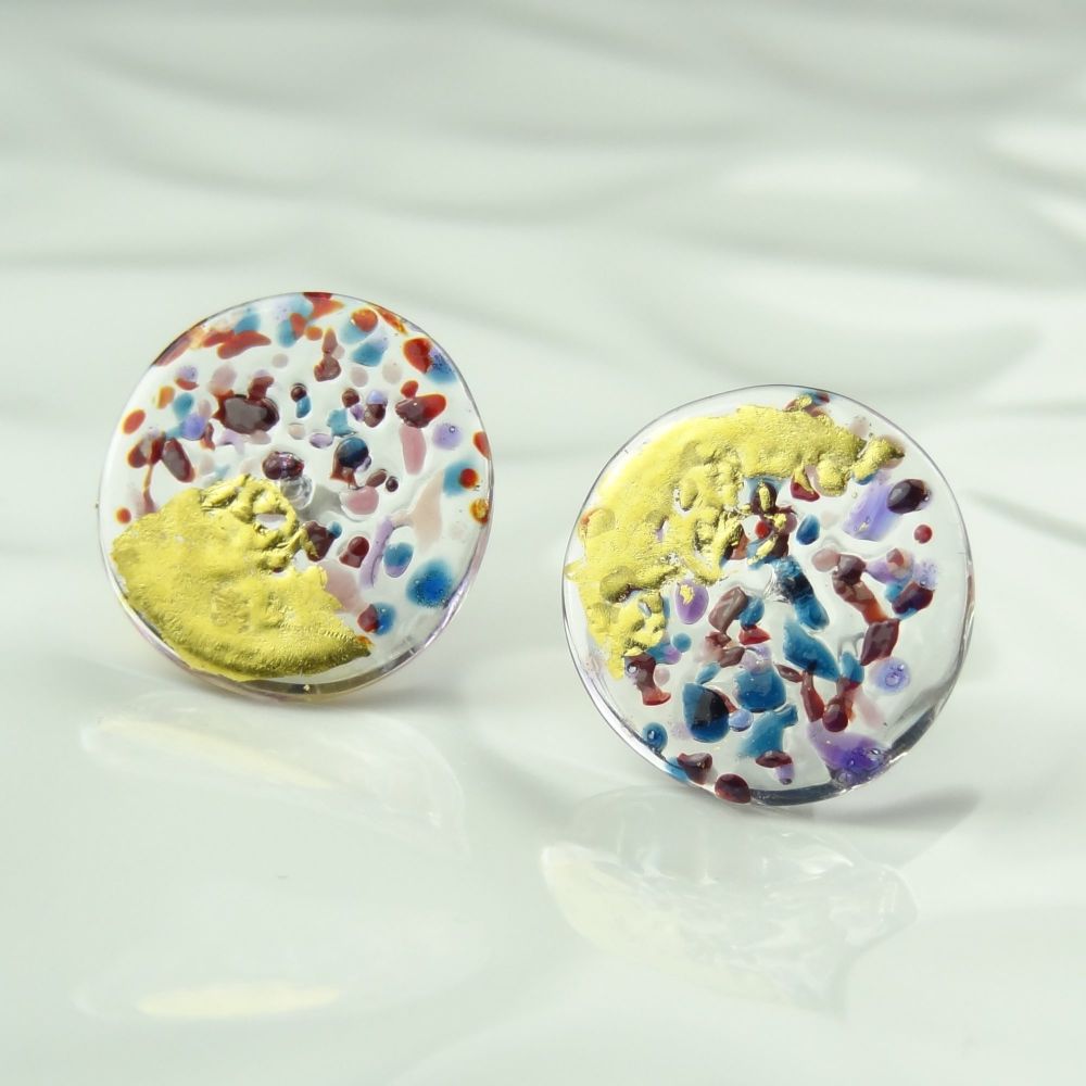 Handcrafted multi-coloured speckled with gold leaf fused glass coin earring