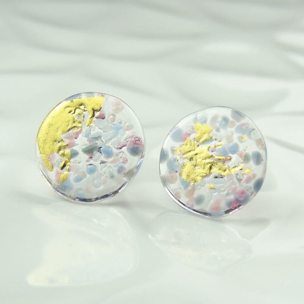 Handcrafted blue & pink speckled with gold leaf fused glass disc/coin stud earrings with surgical steel posts/backs, in a gift box (HC36)