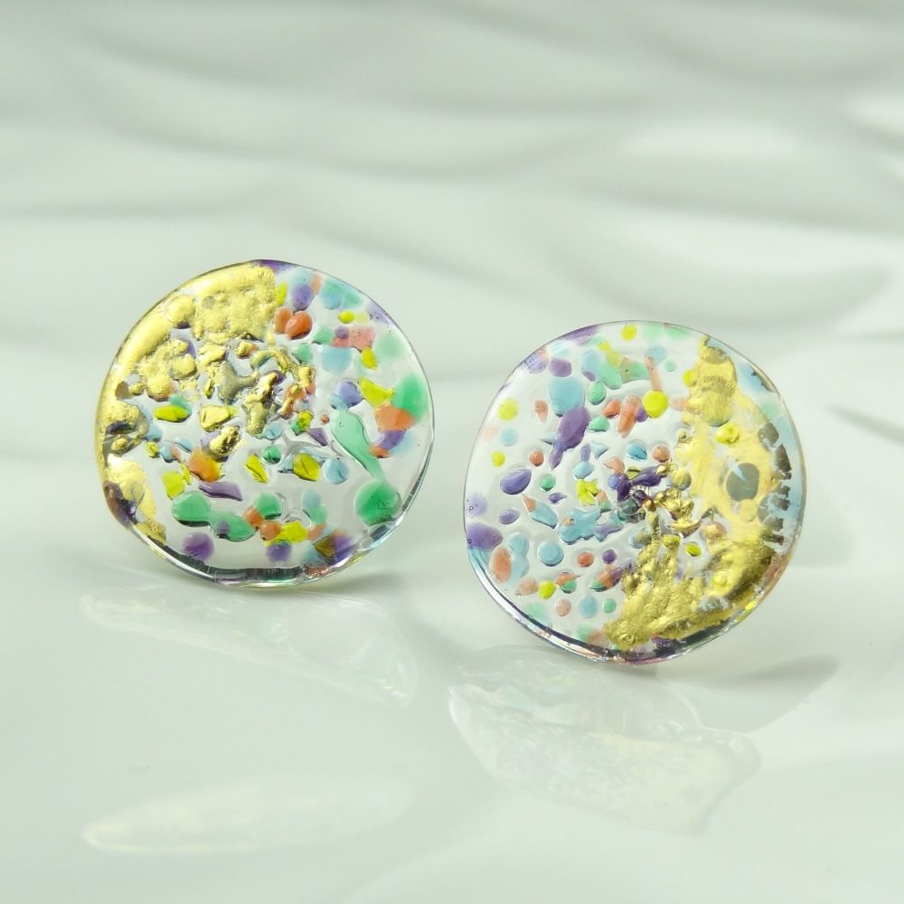 Handcrafted multi-coloured speckled with gold leaf fused glass coin earring