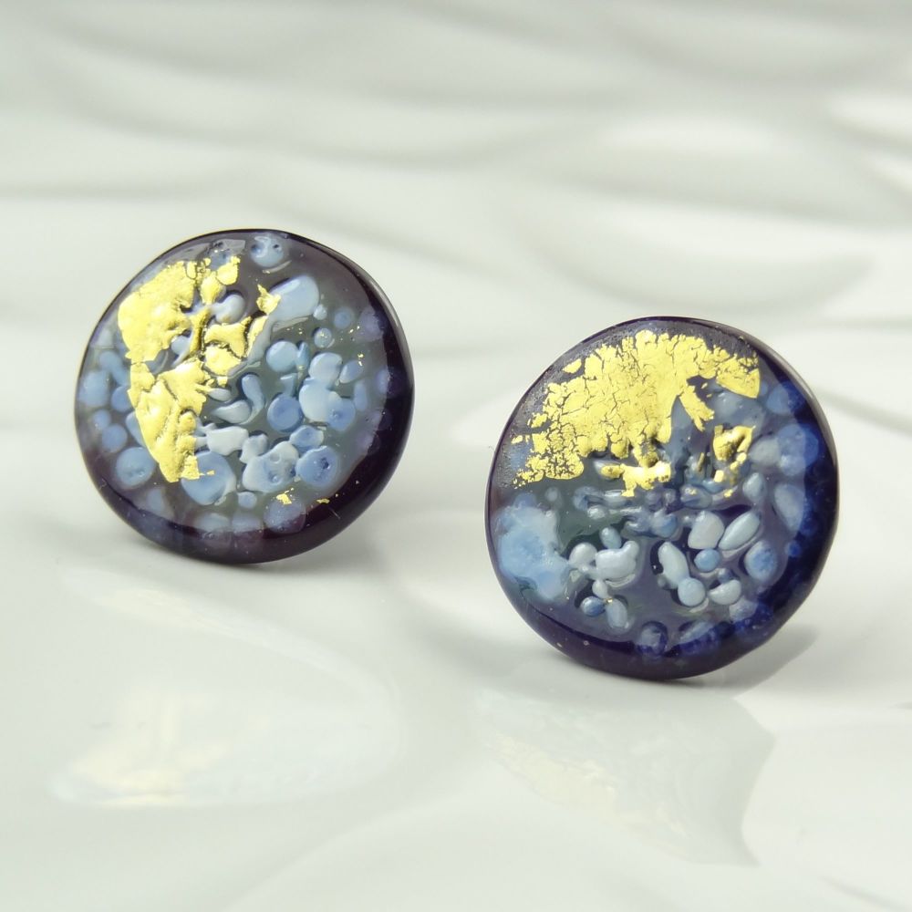 Handcrafted blue speckled with gold leaf fused glass disc/coin stud earrings with surgical steel posts/backs, in a gift box (HC16)