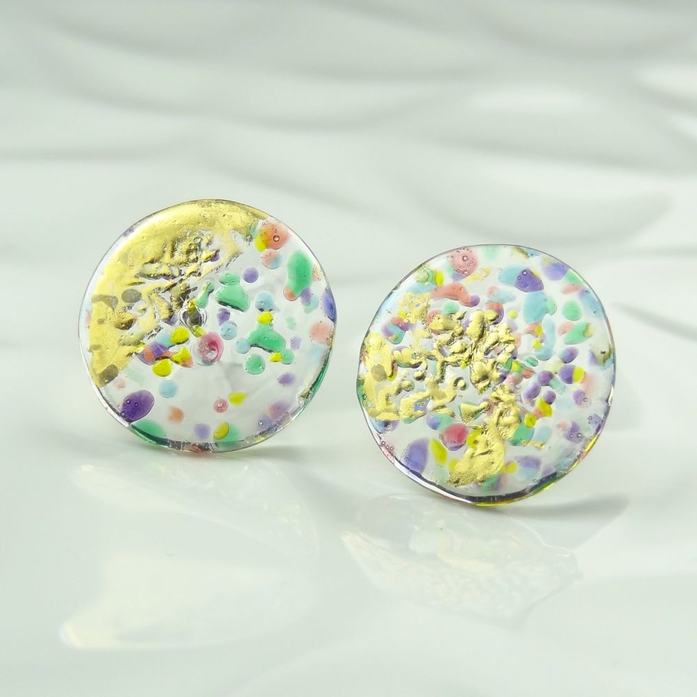 Handcrafted multi-coloured speckled with gold leaf fused glass disc earring