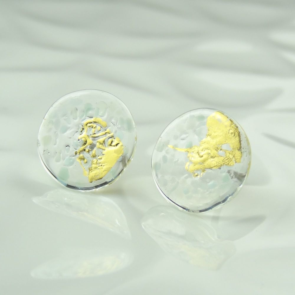 Handcrafted speckled with gold leaf fused glass disc stud earrings