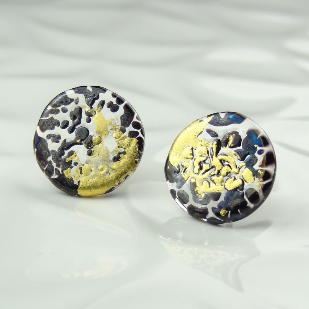 Handcrafted black speckled with gold leaf fused glass disc/coin stud earrings with surgical steel posts/backs, in a gift box (HC12)