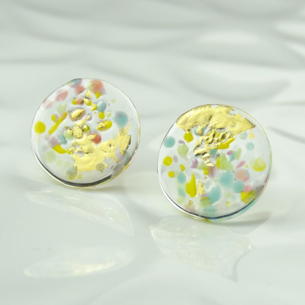 Handcrafted multi-coloured speckled with gold leaf fused glass disc/coin stud earrings with surgical steel posts/backs, in a gift box (HC19)