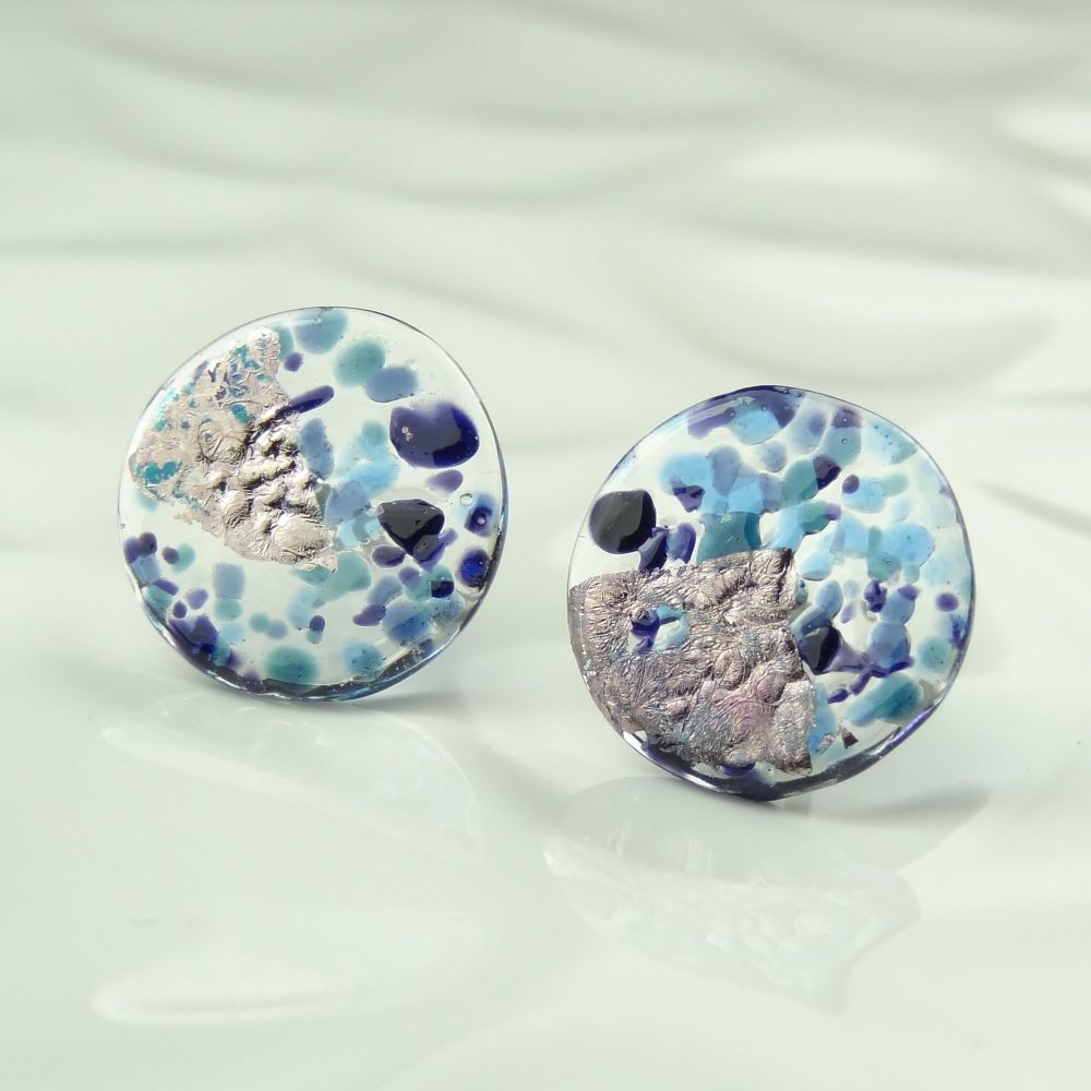 Handcrafted blue speckled with palladium fused glass disc/coin stud earrings with surgical steel posts/backs, in a gift box (HC24)