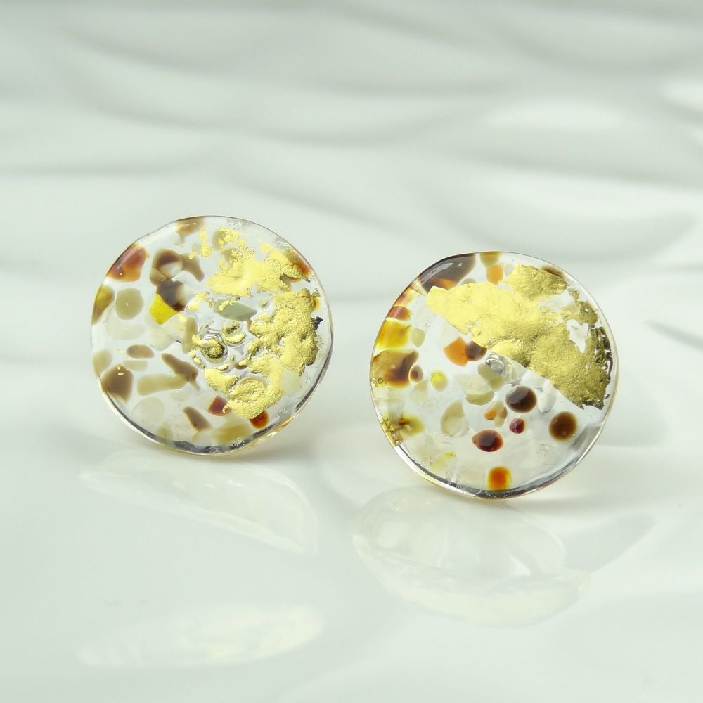 Handcrafted brown speckled with gold leaf fused glass stud earrings