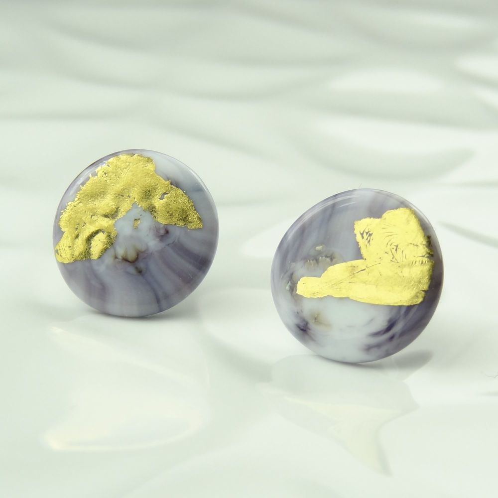 Handcrafted purple & white marble effect with gold leaf fused glass disc/coin stud earrings with surgical steel posts/backs, in a gift box (HC8)