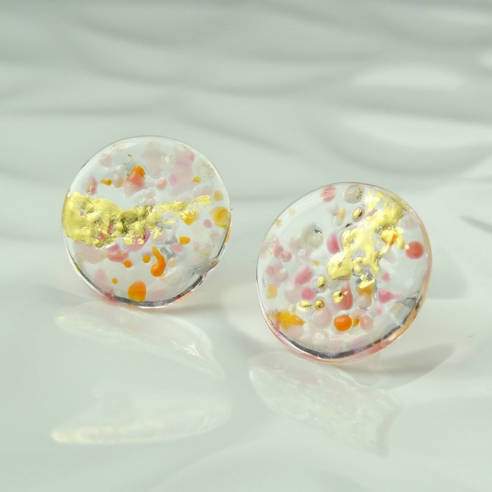 Handcrafted pink & orange speckled with gold leaf fused glass disc/coin stud earrings with surgical steel posts/backs, in a gift box (HC5)