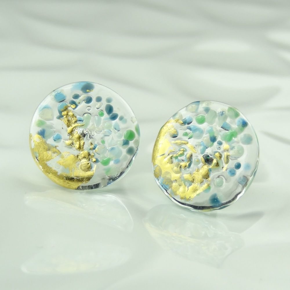 Handcrafted blue & green speckled with gold leaf fused glass earrings