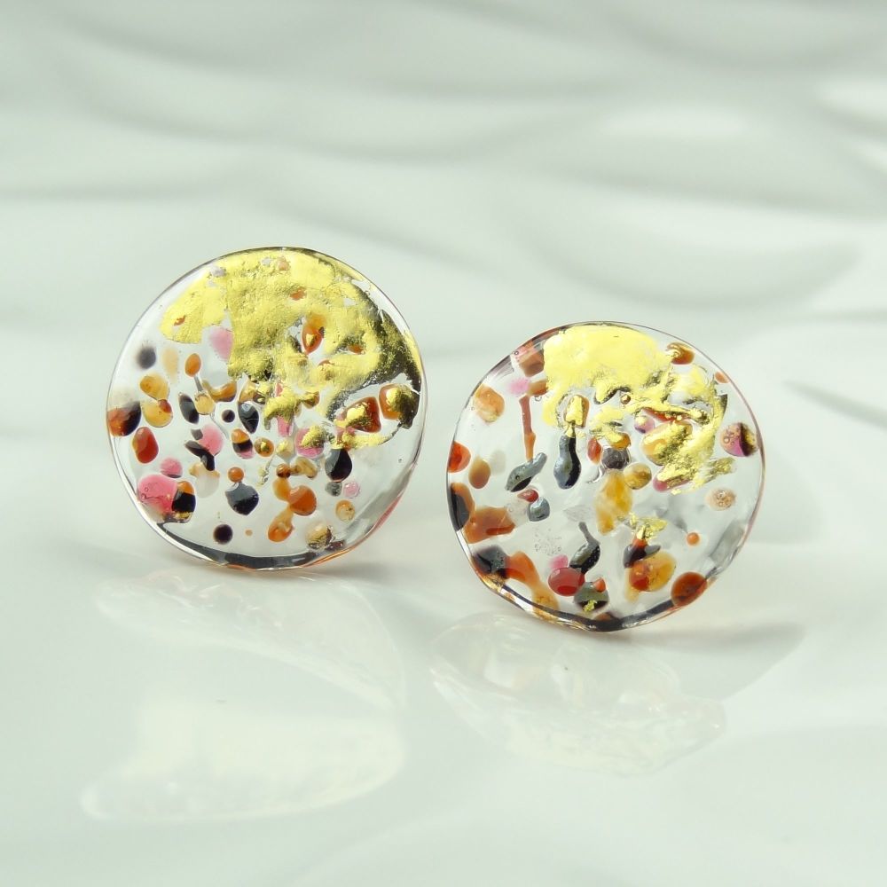 Handcrafted multi-coloured speckled with gold leaf fused glass disc/coin stud earrings with surgical steel posts/backs, in a gift box (HC40)