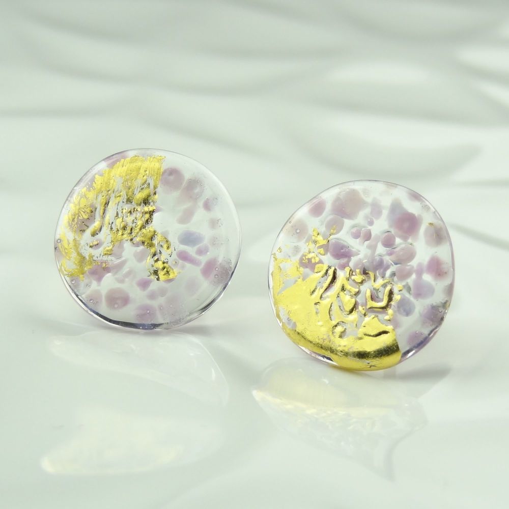 Handcrafted pale purple / mauve / lavender speckled with gold leaf fused glass disc/coin stud earrings with surgical steel posts/backs, in a gift box 