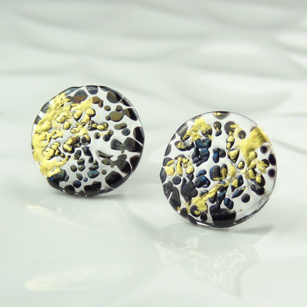 Handcrafted speckled black with gold leaf fused glass earrings