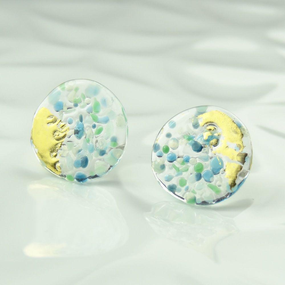 Handcrafted speckled green & blue with gold leaf fused glass disc/coin stud earrings with surgical steel posts/backs, in a gift box (HC6)