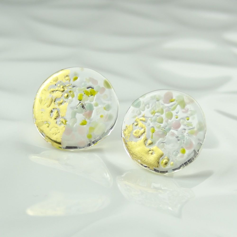 Handcrafted speckled multi-coloured with gold leaf fused glass earrings