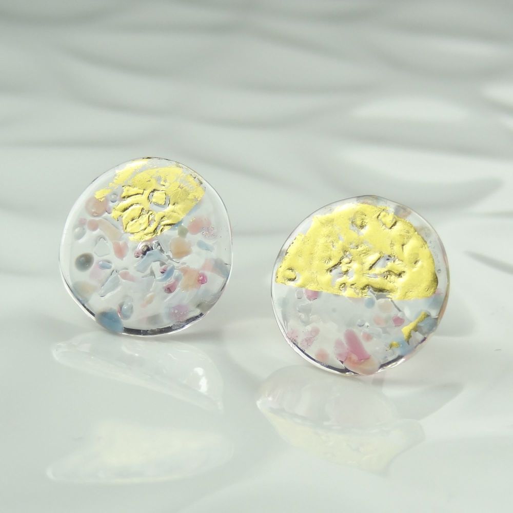 Handcrafted speckled pink & blue with gold leaf fused glass earrings