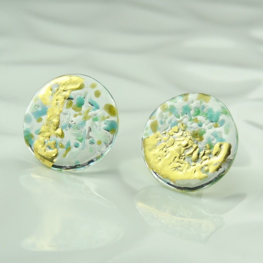 Handcrafted speckled blue & green with gold leaf fused glass disc/coin stud earrings with surgical steel posts/backs, in a gift box (HC28)