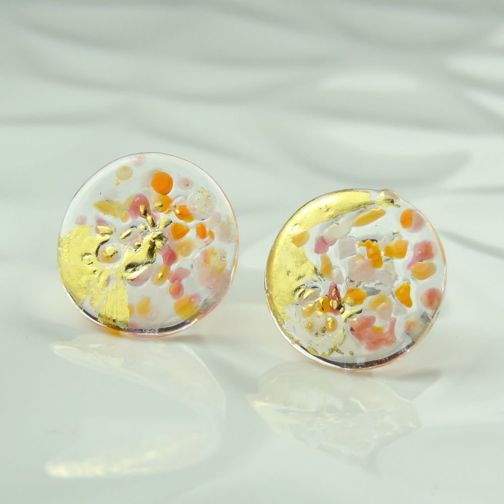 Handcrafted speckled pink & orange with gold leaf fused glass coin earrings