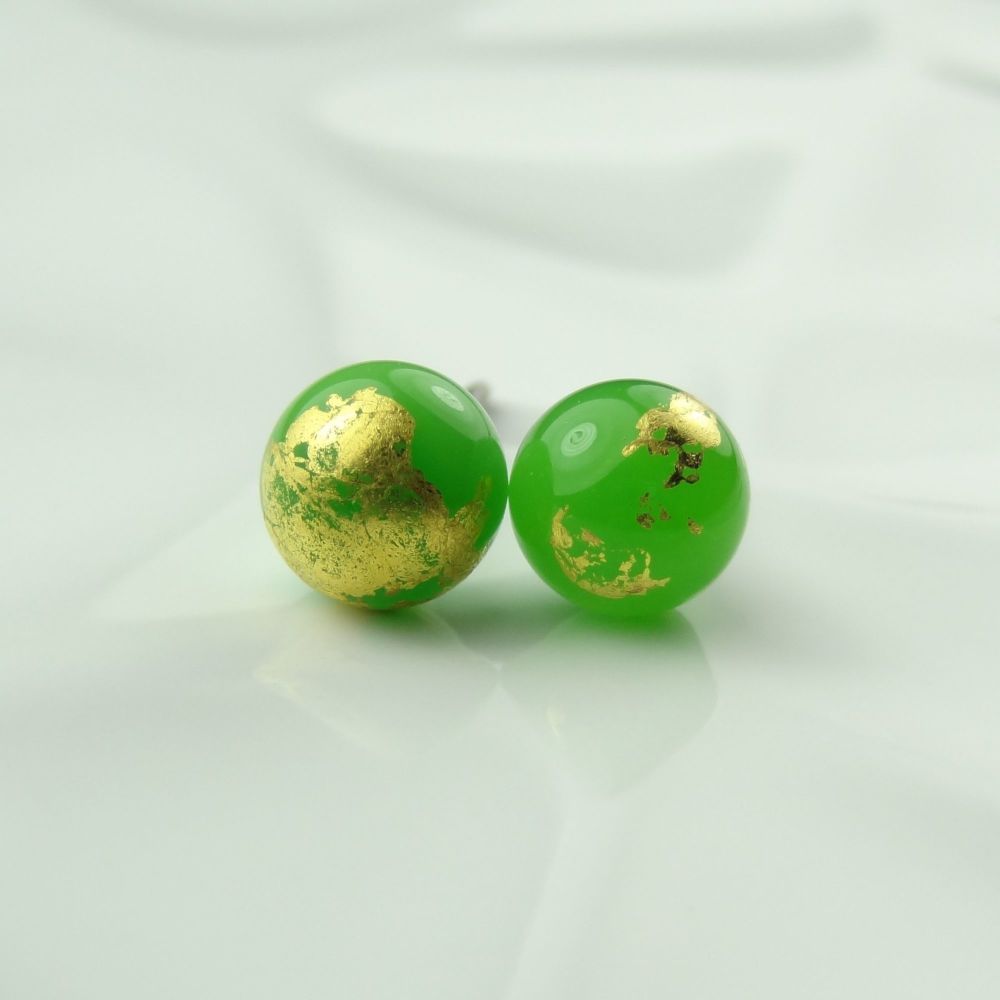 Handcrafted green with gold leaf fused glass stud earrings