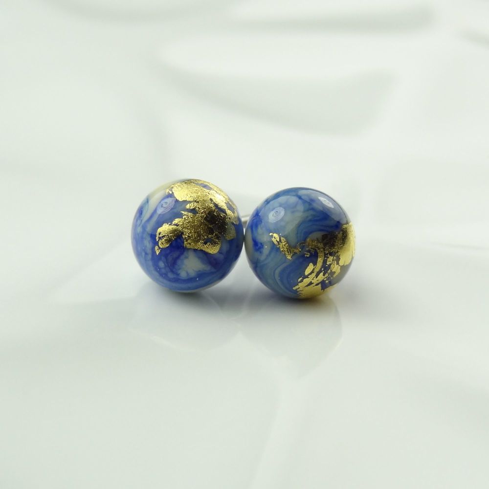 Handcrafted blue & white with gold leaf fused glass stud earrings with surgical steel posts/backs, in a gift box (HC-GF2)